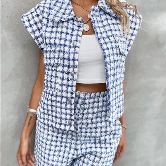 Blue Plaid Slant Pocket Tweed Shorts Sz S New - Picture 4 of 5